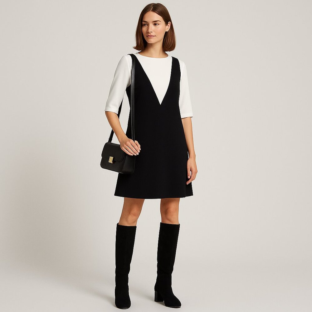 MOSCHINO Black & White Layered Shift Dress NWT Size 8 Quiet Luxury Designer Chic